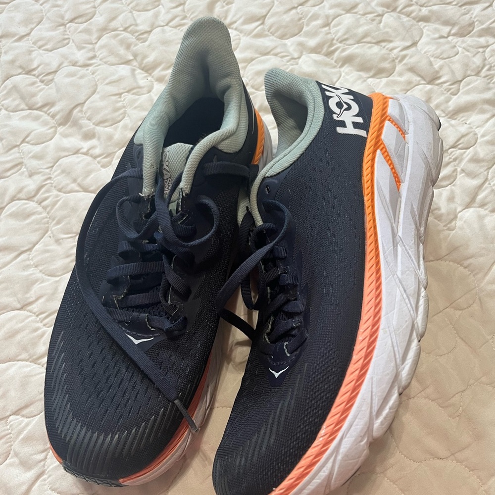 Hoka Clifton 7 Blue and White Sneakers with Orange Highlights size 8